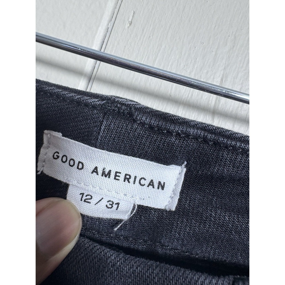 Good American Good Leg Mini Boot Black Jean 12/31 Crop Flare Raw Hem Button Fly - Picture 3 of 5